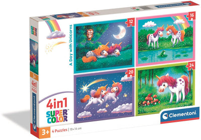 Clementoni - puzzle per bambini 4 in 1 - una giornata con unicorni - 12, 16, 20 e 24 pezzi - da 3 anni