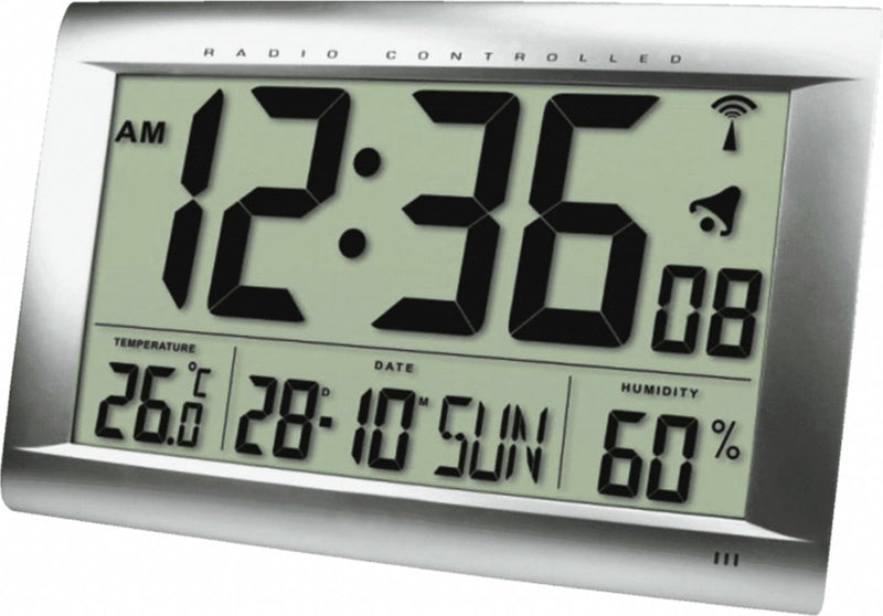 Technoline ws 8009 - reloj de pared - reloj de mesa - rectángulo - visualización de la hora radiocontrolada - 12 24 h - visualización de la fecha - alarma - temperatura interior - humedad - color plateado - 407 x 43 x 270 m