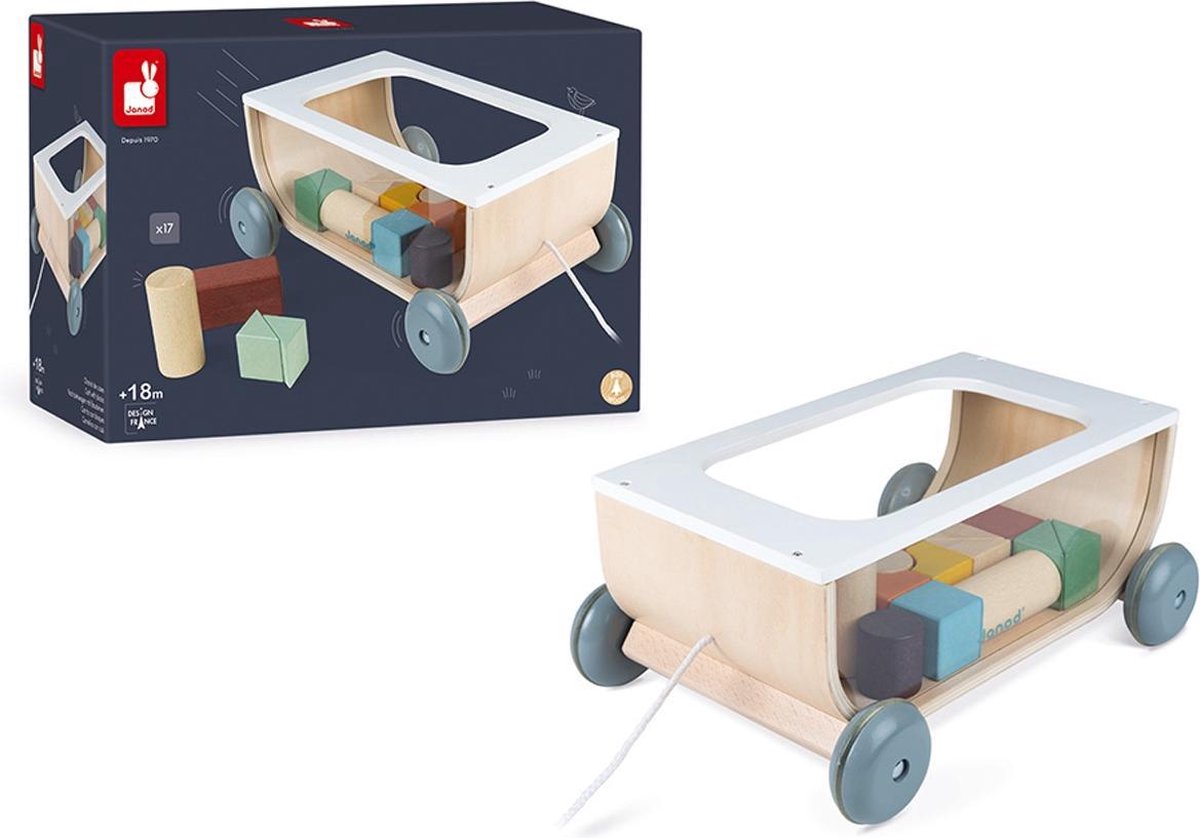 Janod sweet capullo - carro de bloques con 17 bloques de madera - carro con ruedas silenciosas - apto a partir de 18 meses