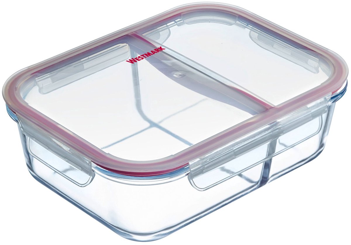 Westmark glazen vershouddoos, inhoud: 980 ml, met 2 aparte vakken, magnetron- en ovenbestendig, glas siliconen kunststof, transparant rood, 234622e1