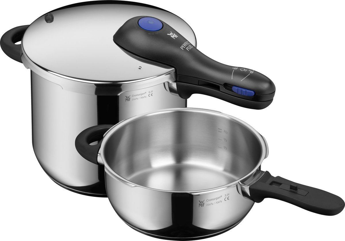 WMF perfect plus - juego de olla a presión - 3,0l + 6,5l - acero inoxidable - apilable - protección contra llamas - inducción