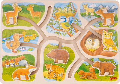 Goki wooden sliding puzzle Who belongs to whom, 8st.