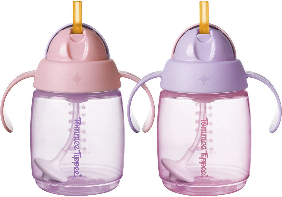 Tazza con cannuccia Tommee Tippee - 2 pezzi - 240 ml - con manici e cannuccia in silicone ponderata - per bambini dai 6 mesi in su - rosa e viola