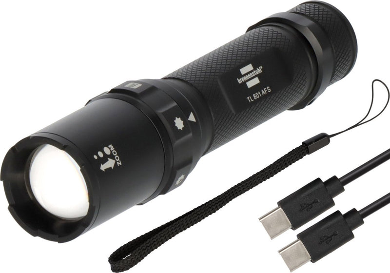 Torcia LED ricaricabile Brennerstuhl TL 801 AFS IP44 (800lm, portata luminosa 230m, focalizzabile, max. 42 ore, 6 modalità incl. stroboscopio SOS, lampade IP44 per esterni incl. cavo di ricarica USB C)