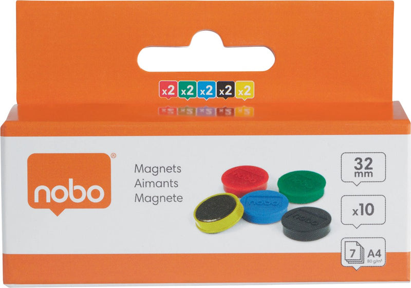 Nobo magnetische whiteboard magneten - pak van 10 stuks - 32mm magneten - assorti 5 kleuren