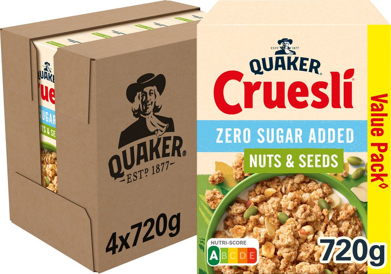 Quaker cruesli zero zuccheri aggiunti semi di noci - cereali per la colazione - 4 x 720 grammi