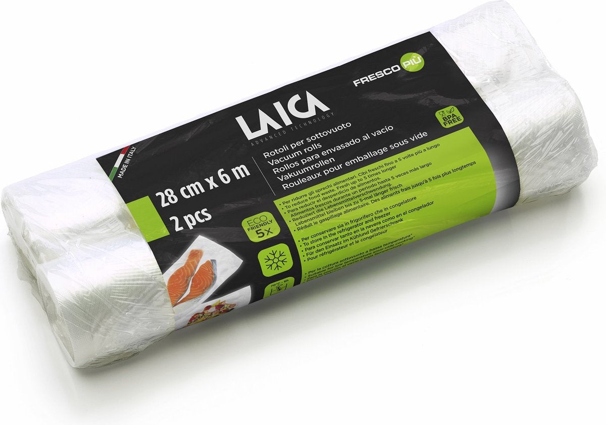 Laica vt3509 - lámina de vacío - accesorio envasadora al vacío - tamaño 28 x 600 cm - juego de 2 rollos de lámina de vacío