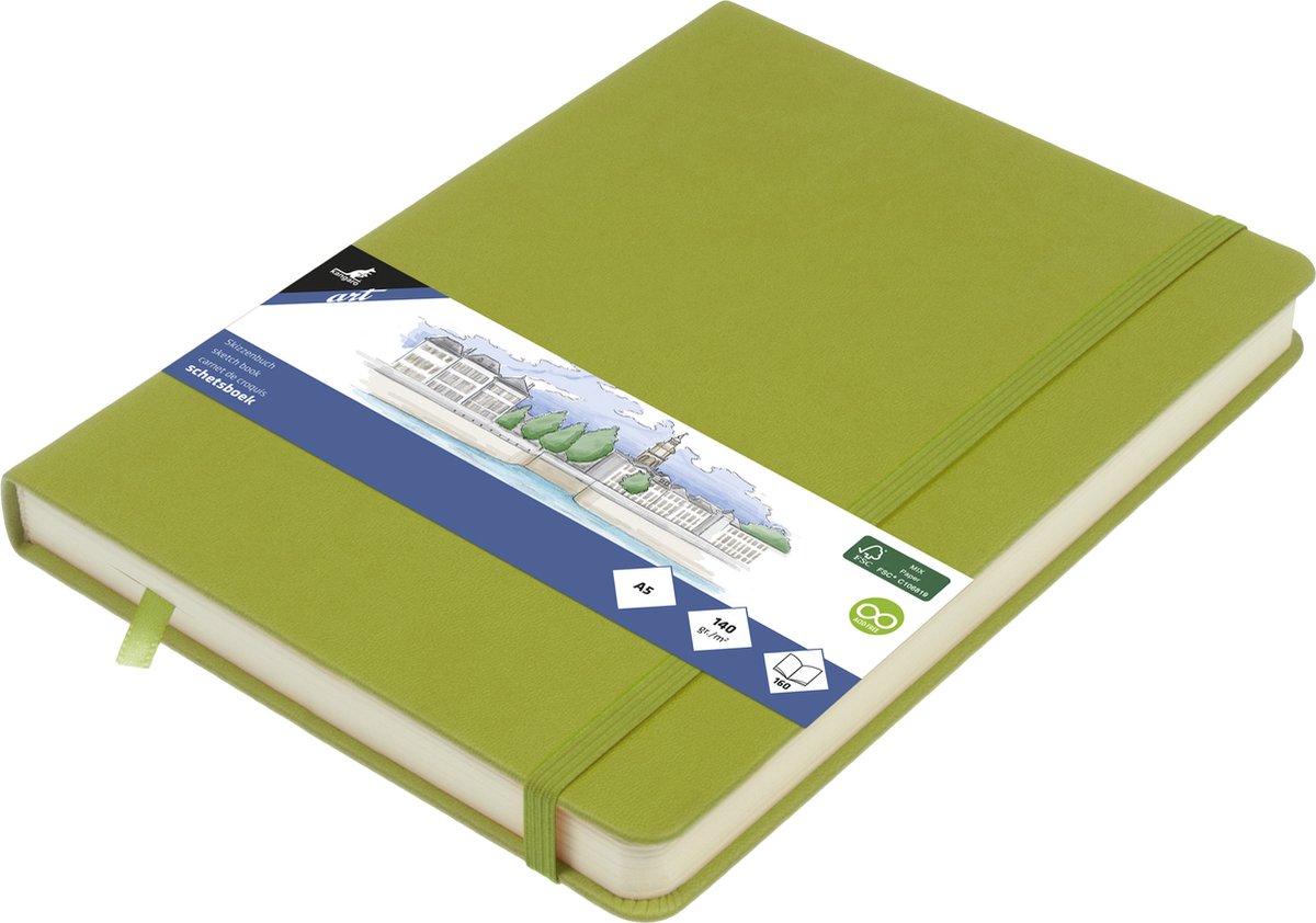 Kangaro schetsboek - a5 - lime green - pu-hardcover - met elastiek en leeslint