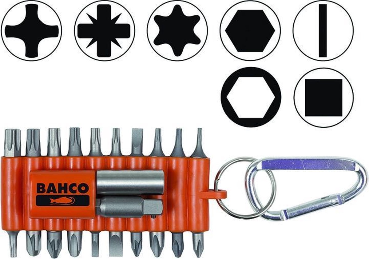Bahco type 59s 22-1 bitset met 10 bitjes en 2 koppelstukken plus handig insteekmagazijn met riemclip