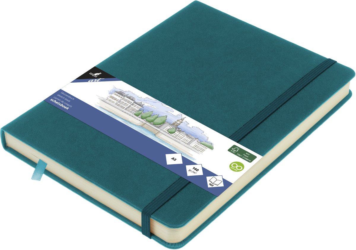 Kangaro schetsboek - a5 - dark turquoise - met elastiek en lint