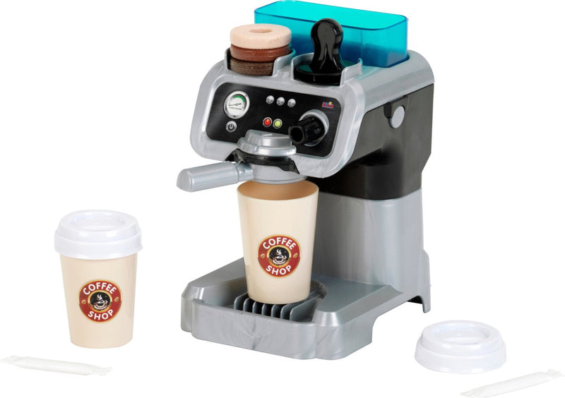 Máquina de café expreso barista klein toys mm - tazas de café para llevar, portafiltro, monodosis de café, triturador de azúcar y café - multicolor