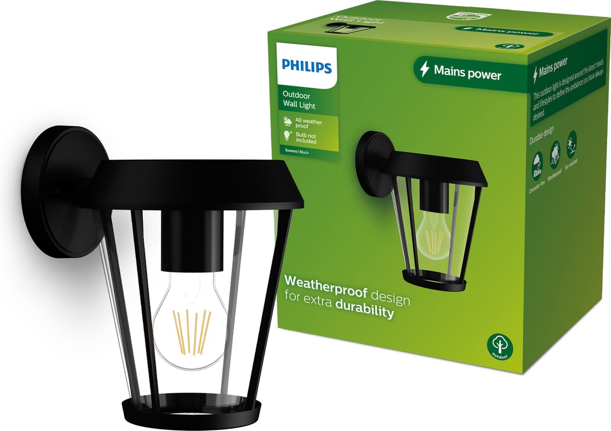 Lampada da parete Philips LED Philips Sunera - lampada da esterno - nera - attacco E27 - massimo 25W - resistente alle intemperie; ip44 - lampada da parete a sospensione