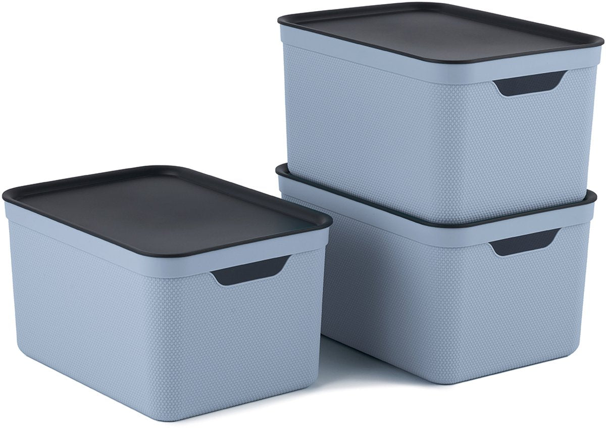 Rotho jive scatole portaoggetti set da 3 scatole portaoggetti 16 l con coperchio, plastica (pp riciclata), blu antracite, 3 x 16 l (37,5 x 27,8 x 29,8 cm)
