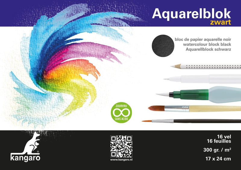 Kangaro aquarelpapier - 24x17cm - 300 grams - 16 vel - zwart - zuurvrij - k-5311