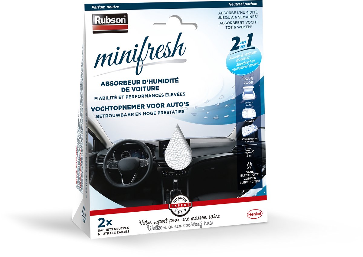 Rubson minifresh auto 2 x 50 g – vochtabsorber voor auto – tegen condens geurtjes – voor kleine ruimtes – zonder elektriciteit