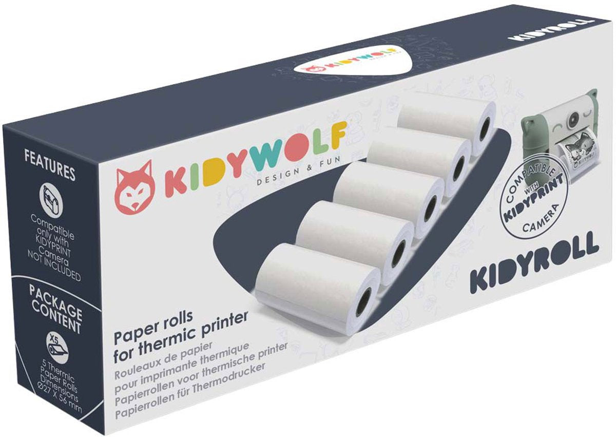 Kidywolf kidyroll klassiek thermisch papier voor kidyprint k-print– 5 rollen, 300 afdrukken, navulling voor kinder instant camera
