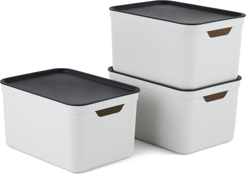 Rotho jive cajas de almacenamiento, juego de 3 cajas de almacenamiento de 16 l con tapa, plástico (pp reciclado), blanco antracita, 3 x 16 l (37,5 x 27,8 x 29,8 cm)