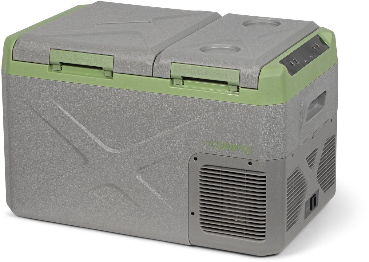 Frigo portatile a compressore elettrico Steamy-e - doppio scomparto - raffreddamento e congelamento simultanei - 24 litri - 12v e 230v - per auto e campeggio - grigio