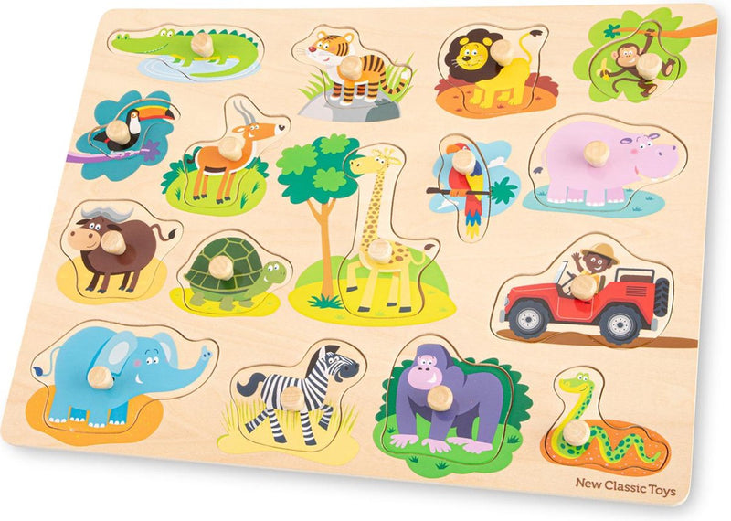 New Classic Toys ® rompecabezas de madera con botones grandes safari - 16 piezas - FSC - rompecabezas de madera con botones - juguetes educativos para niños pequeños - a partir de 24 meses