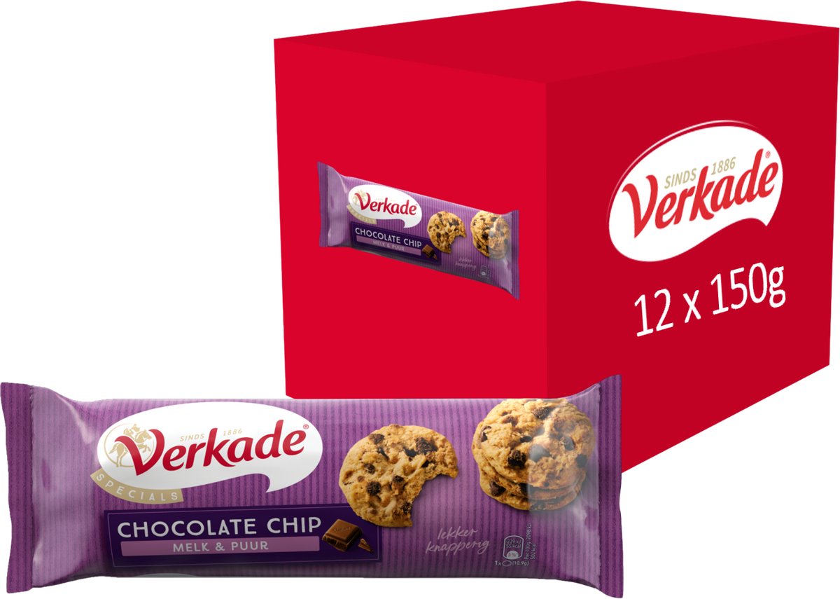 Verkade - galleta - chocolate con leche y chispas de chocolate negro - 12 x 150 gramos