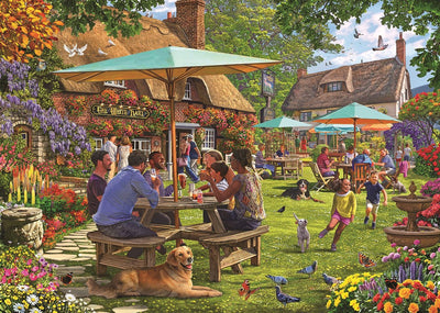 Puzzle jumbo Falcon da 1000 pezzi - puzzle colorato nel giardino del pub.