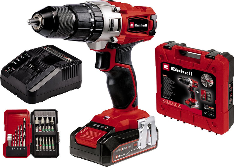 Kit avvitatore a batteria Einhell te-cd 18 2 li-i - power x-change - 18 v li-ion - con funzione impatto - 2 velocità - 44 nm - incl. 1 batteria da 2,5 Ah e caricabatterie, custodia e set di accessori da 22 pezzi