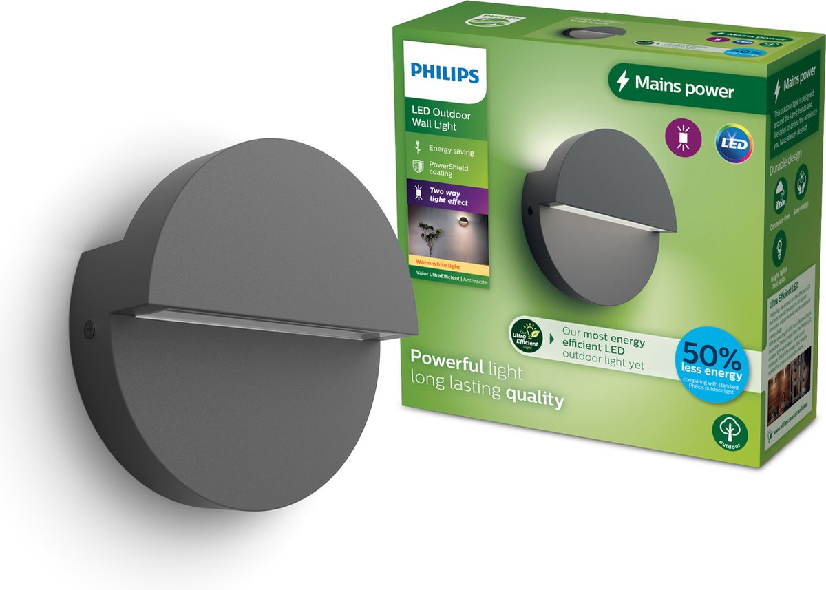 Lampada da parete Philips LED Philips Valor - LED ultra efficiente - lampada da esterno - brilla in due direzioni - 2x 4,3 W - luce bianca calda; 2700k - antracite