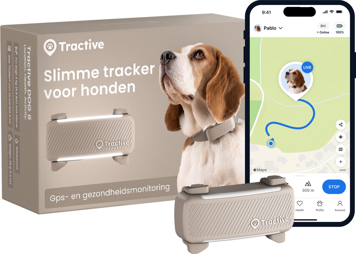Tractive dog 6 – locatie tracker met gps gezondheid activity functies - past op meeste halsbanden - bruin
