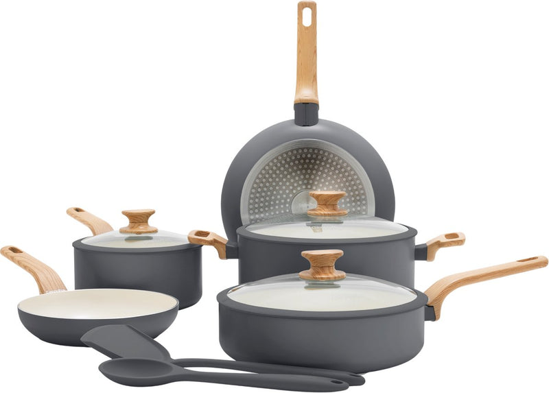 Greenpan essence set padelle 10 pezzi - 18 20 24 26 cm - rivestimento antiaderente senza pfas - set padelle per induzione - padella in ceramica - resistente al forno fino a 160°c - manici effetto legno - manici freddi - con coperchio in vetro - grigio