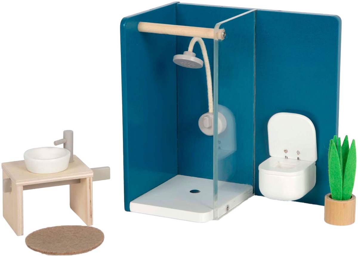 Muebles de casa de muñecas de madera de pie pequeño baño