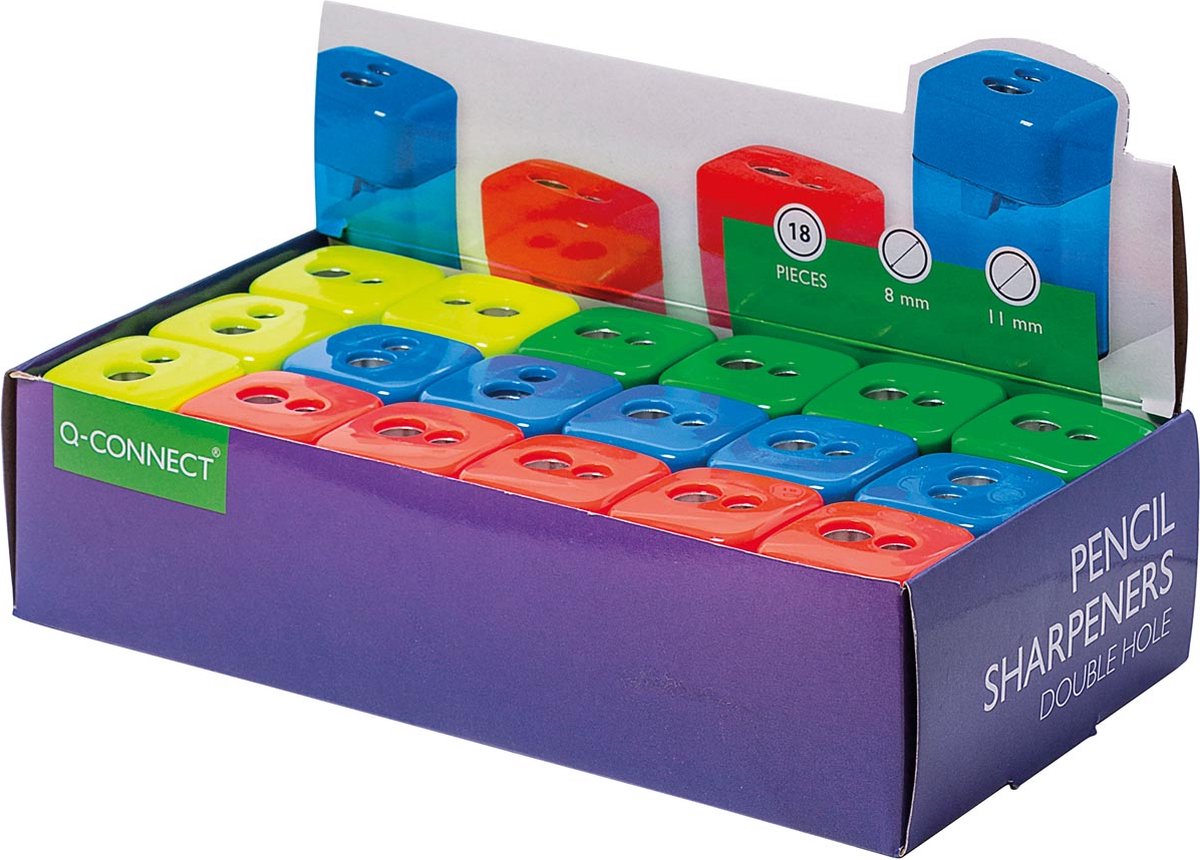 Q-connect potloodslijper 2 gaats geassorteerde kleuren 18 stuks