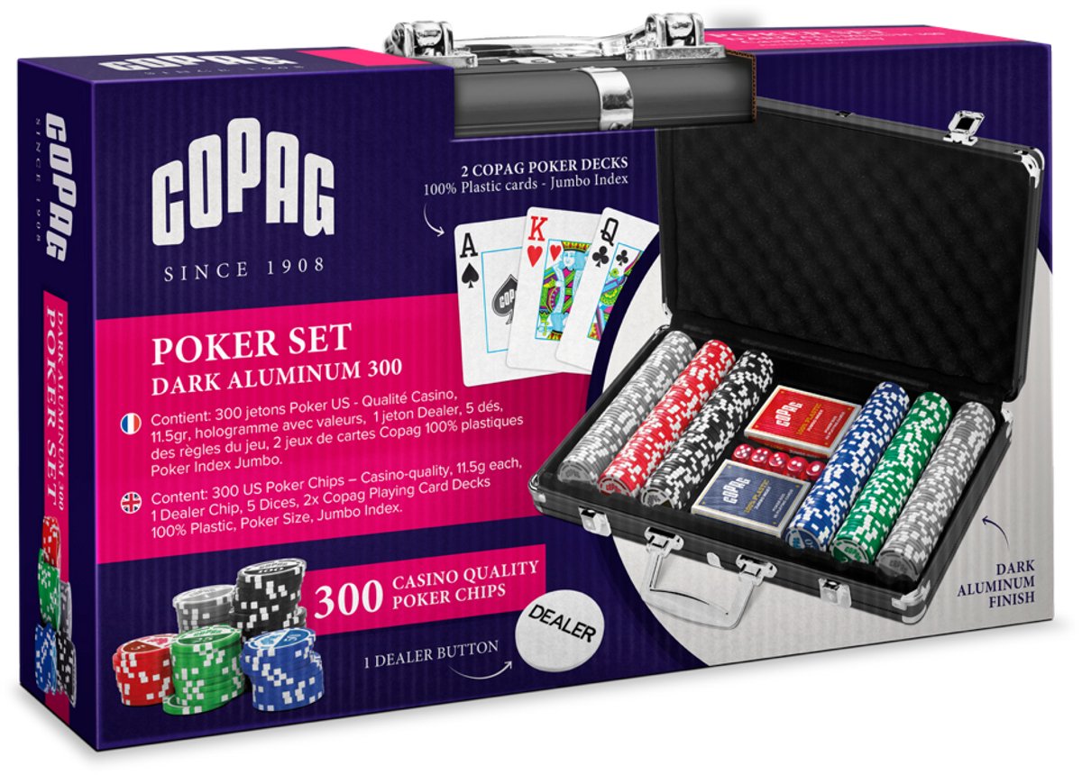 Set da poker Copag ® 300 fiches incluse 2 carte da gioco in PVC resistente al 100%, 5 dadi e bottoni da poker
