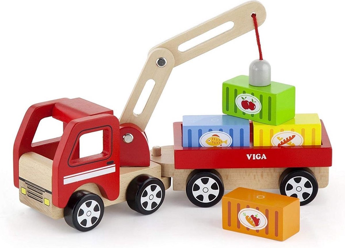 Viga juguetes camión grúa de madera con accesorios 29 cm rojo