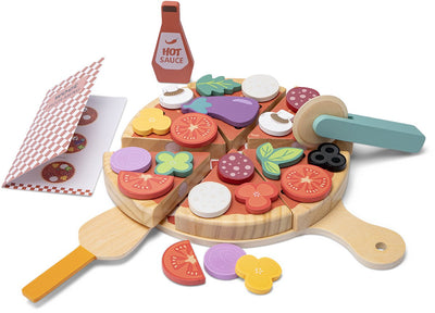 Woet ® houten pizza speelset - complete maak je eigen pizza set met 30+ accessoires - toppings met klittenband, snijgereedschap, hete saus en menukaart - rollenspel keukenspeelgoed - speelgoedeten - vanaf 2 jaar