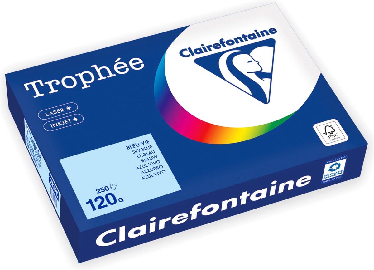Clairefontaine trophée pastel, gekleurd papier, a4, 120 g, 250 vel, blauw