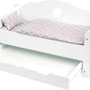 Letto per bambole in legno a piede con cassetto e biancheria da letto, 4dlg.