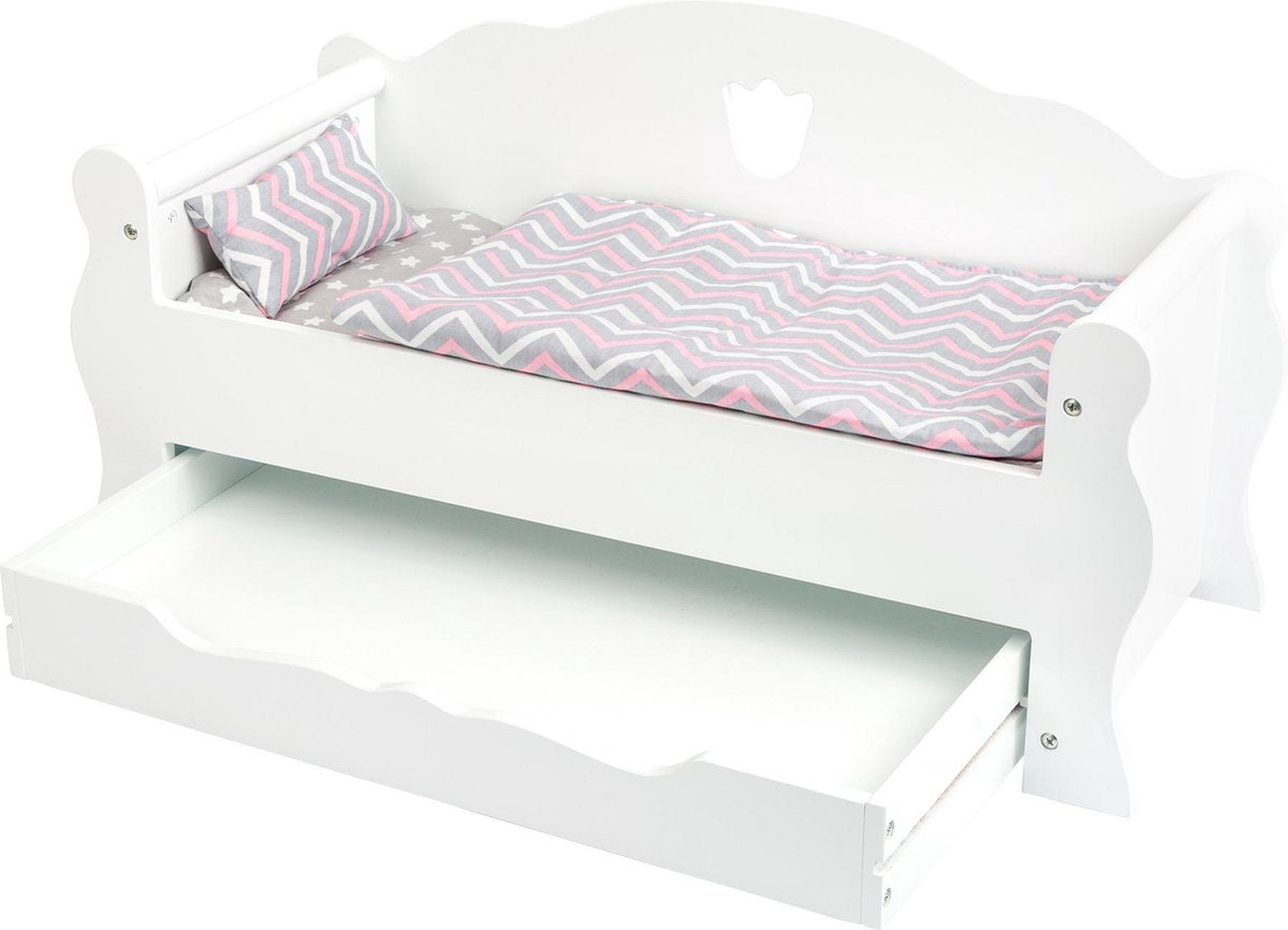 Letto per bambole in legno a piede con cassetto e biancheria da letto, 4dlg.