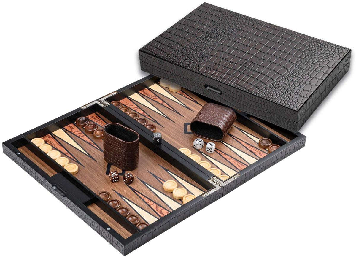 Philos backgammon houten spelkist kroko-look medium uitvoering.