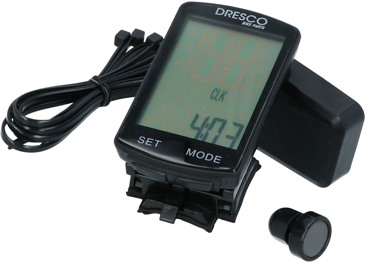 Computer da bicicletta wireless Dresco - 19 funzioni - display chiaro - retroilluminazione - batterie incluse - dimensioni 71x41x14,6 mm