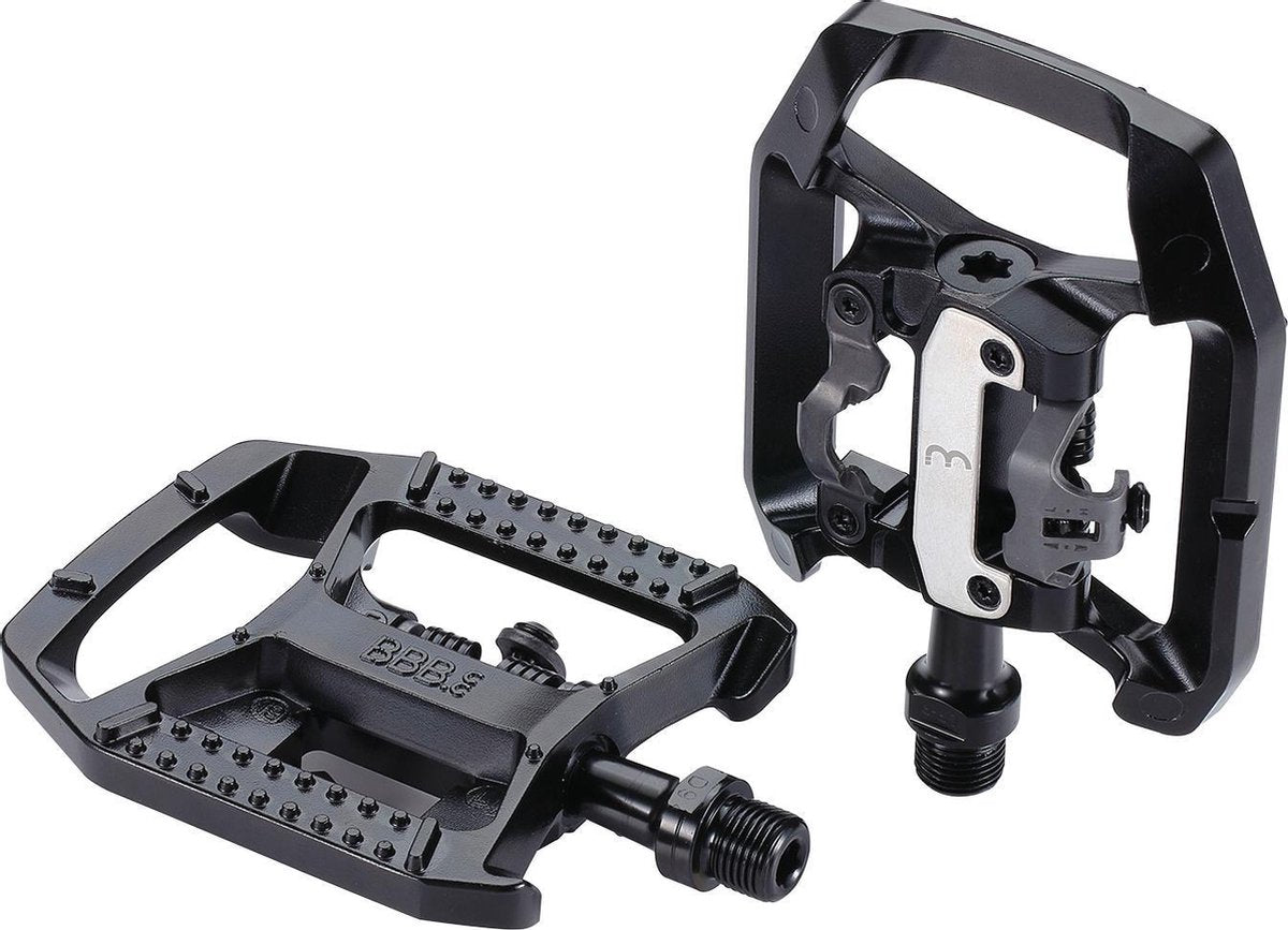 Pedali mtb da ciclismo Bbb - doppia scelta - pedali combinati per bicicletta: pedale con piattaforma antiscivolo SPD - pedali SPD inclusi tacchetti - neri - BPD-61