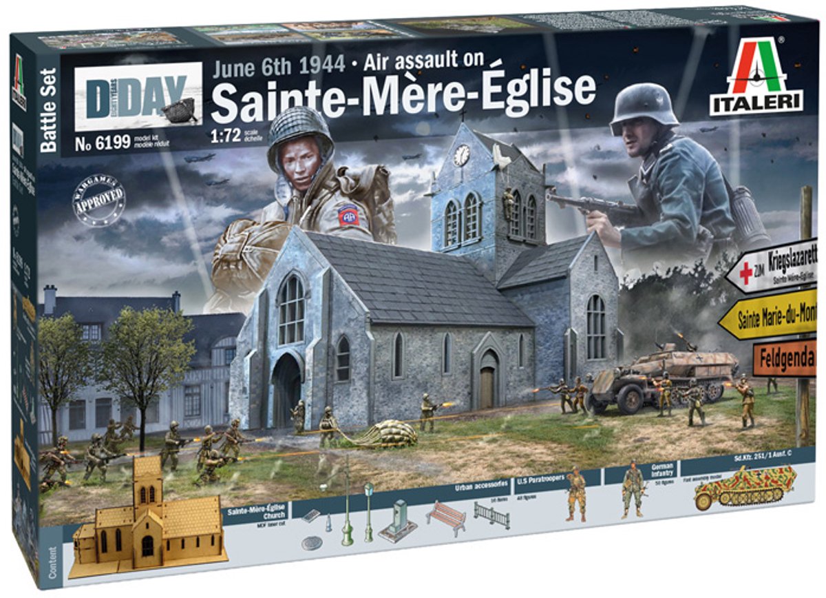 Italeri model kit diorama - 6199 batalla de normandía sainte-mere-eglise 6 de junio de 1944 - juego de batalla de plástico - 1:72 - fabricación de modelos