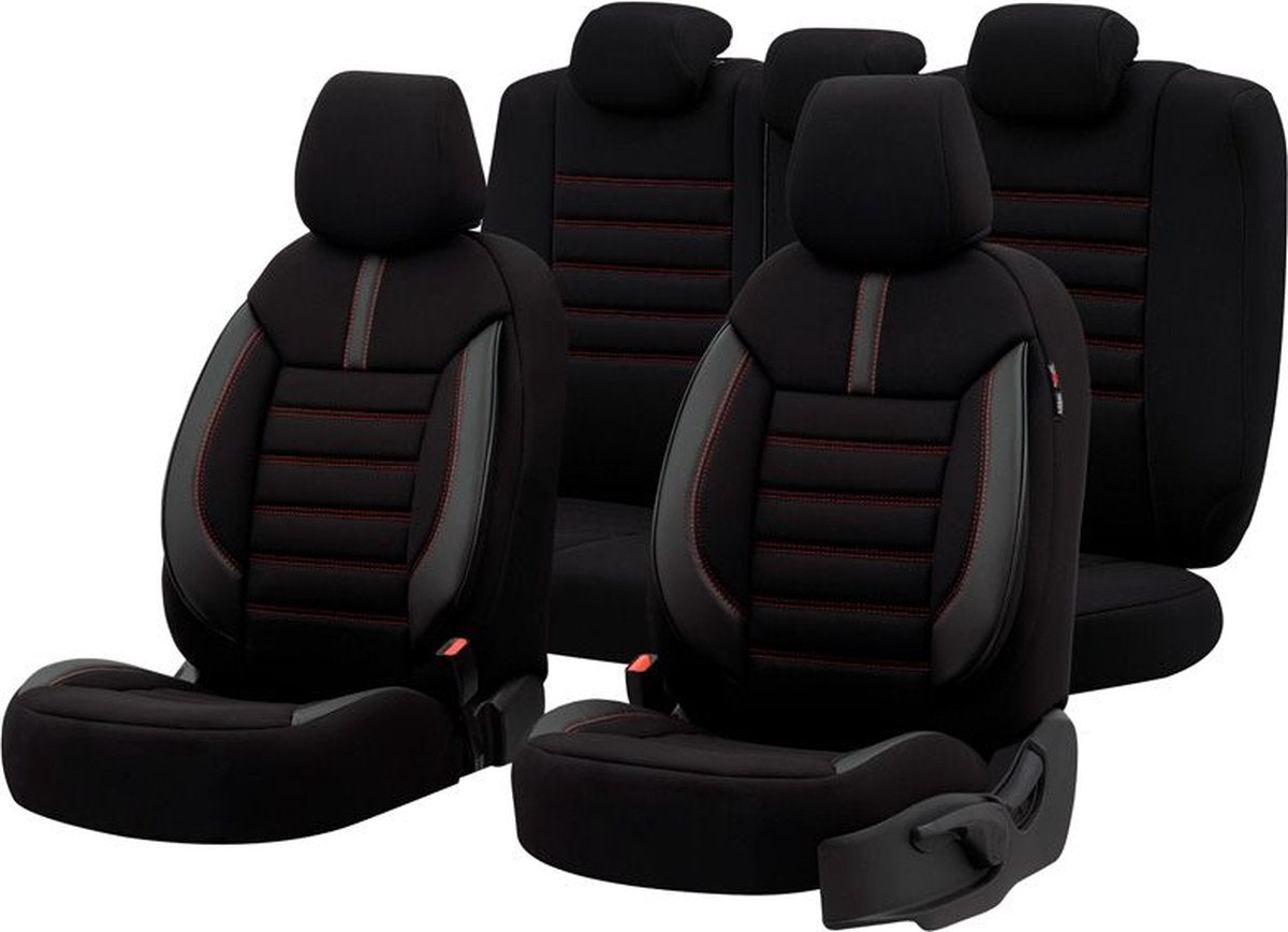 Set coprisedili universali in pelle e tessuto Otom 'limited' nero + cuciture rosse - 11 pezzi - adatto per airbag laterali