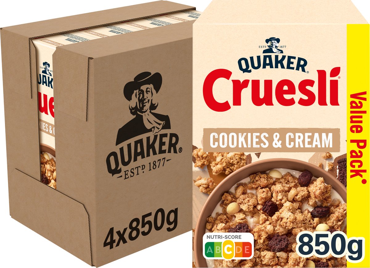 Quaker cruesli cookies cream - ontbijtgranen - 4 x 800 gram