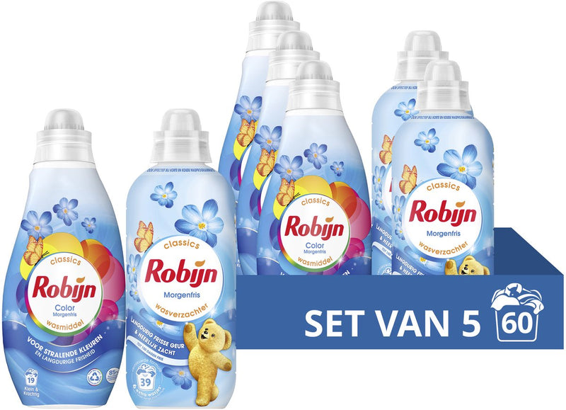 Pacchetto detersivo e ammorbidente Robijn Perfect Match - fresco di mattina - 5 pezzi - (60 lavaggi) - confezione risparmio