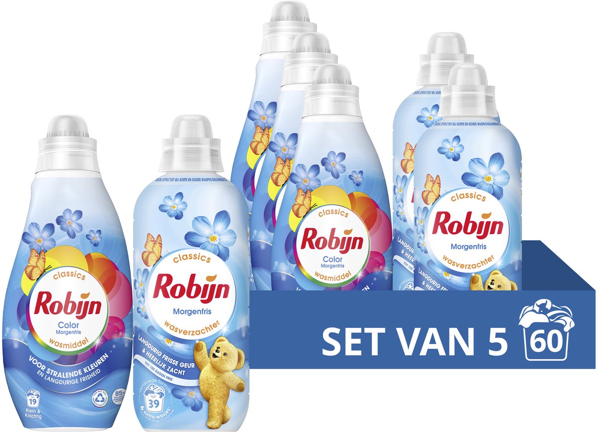 Pacchetto detersivo e ammorbidente Robijn Perfect Match - fresco di mattina - 5 pezzi - (60 lavaggi) - confezione risparmio