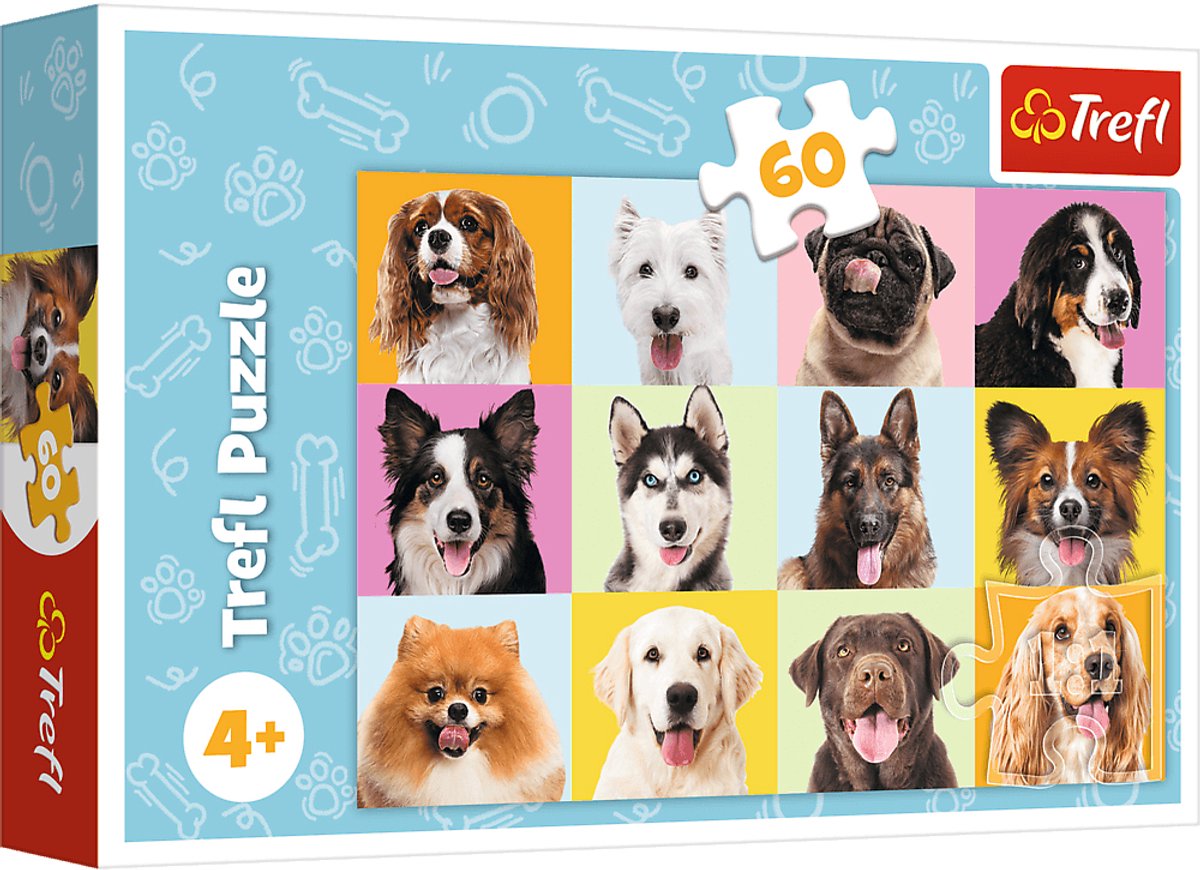 Puzzle Trefl 60 pezzi - simpatici cani - cartoncino colorato.