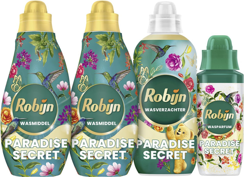 Abbinamento perfetto Robijn - Paradise Secret - 4 pezzi - 2x detersivo + 1 ammorbidente + 1 profumo di lavaggio - confezione risparmio