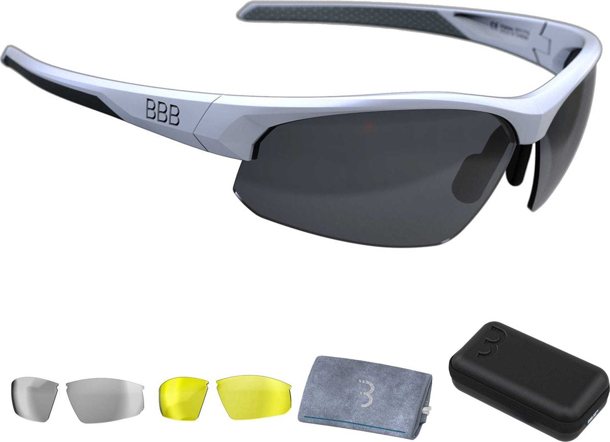 Bbb cycling cycling glasses for men and women - cycling glasses with 3 lenses - sports glasses with cover - lightweight racing bike glasses - matte white - impress travel case bsg-58t