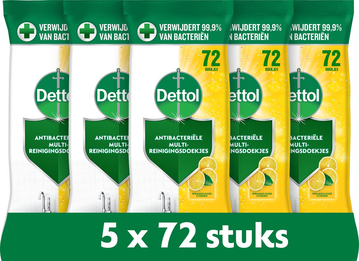 Salviette detergenti antibatteriche Dettol - limone frizzante - 72 pezzi - 5 pezzi - confezione risparmio