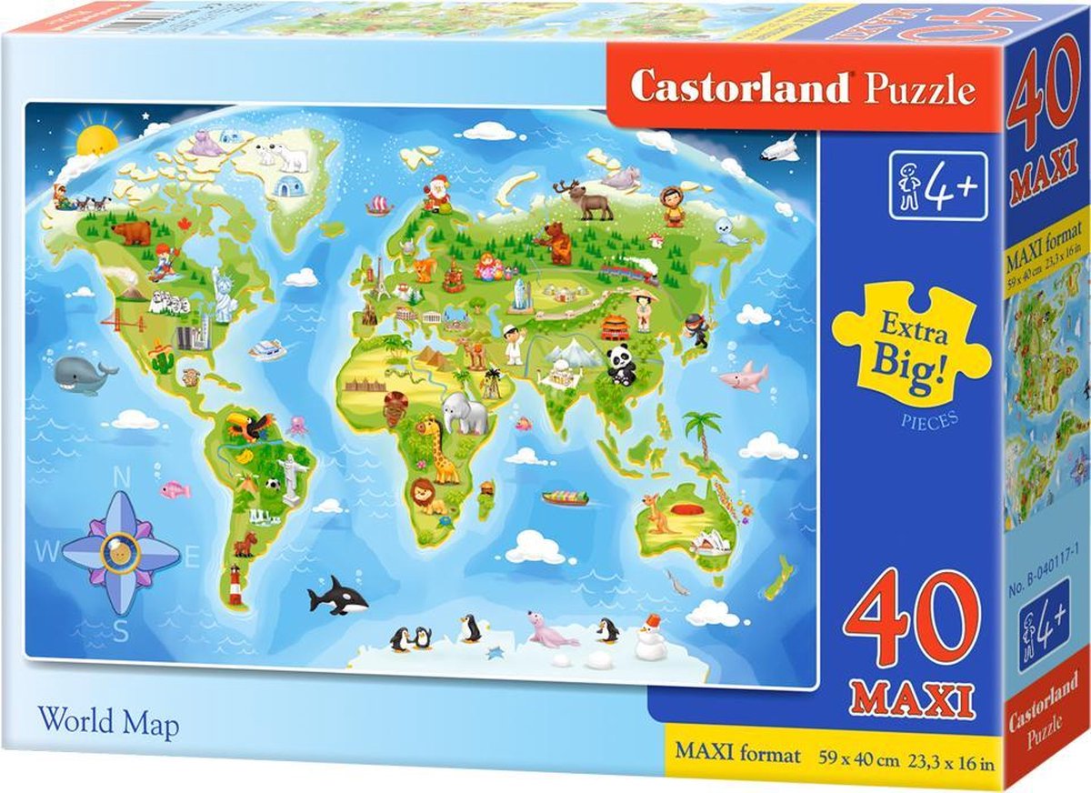 Castorland world map maxi – puzzel – 40 stukjes – extra grote stukken – premium kwaliteit – beide kanten gecoat
